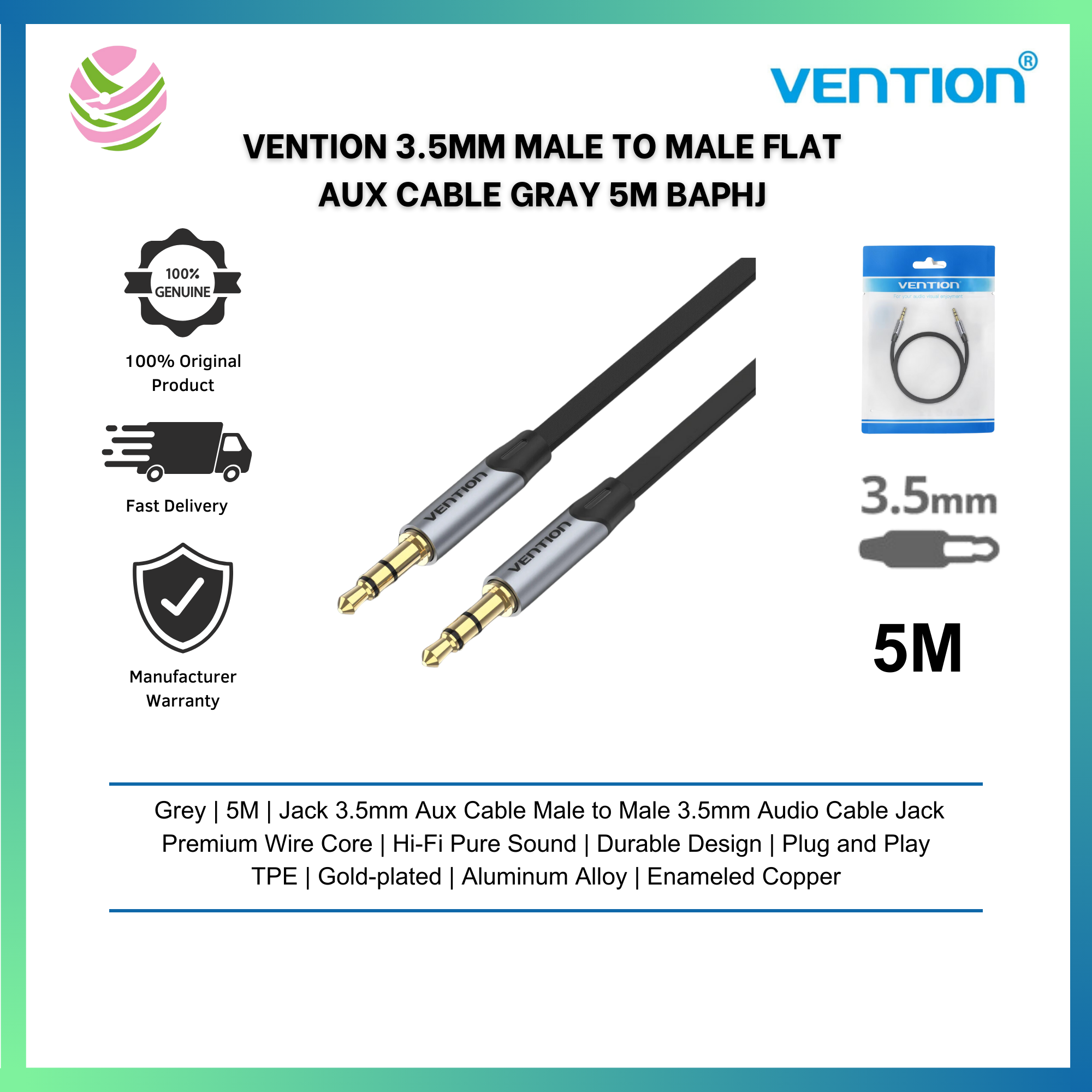 Vention BAWLJ Cotton Braided 3.5mm Male to Male Audio Cable 5M Blue Aluminum Alloy Type view 5